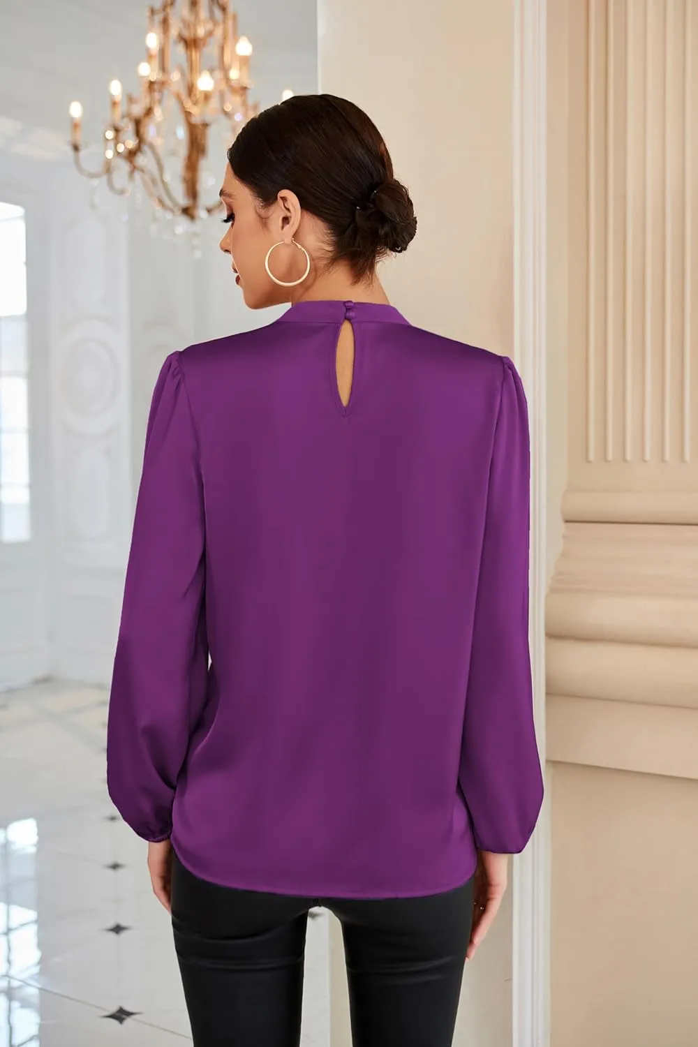 GRACE KARIN Women's Long Sleeve Shirts Mock Neck Casual Satin Blouse Tops for Business Office Work