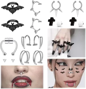 Halloween Fake Eyebrow Rings Nose Lip Labret Studs, Non-Piercing Body Jewelry Fake Skin Piercing Star Heart Fake Lip Labret Studs for Women Men