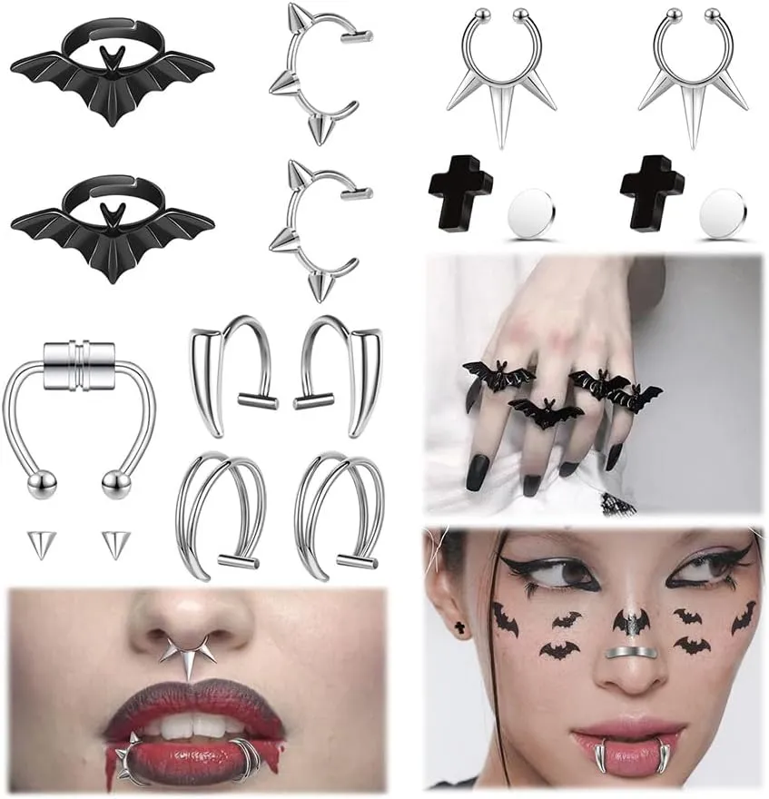 Halloween Fake Eyebrow Rings Nose Lip Labret Studs, Non-Piercing Body Jewelry Fake Skin Piercing Star Heart Fake Lip Labret Studs for Women Men