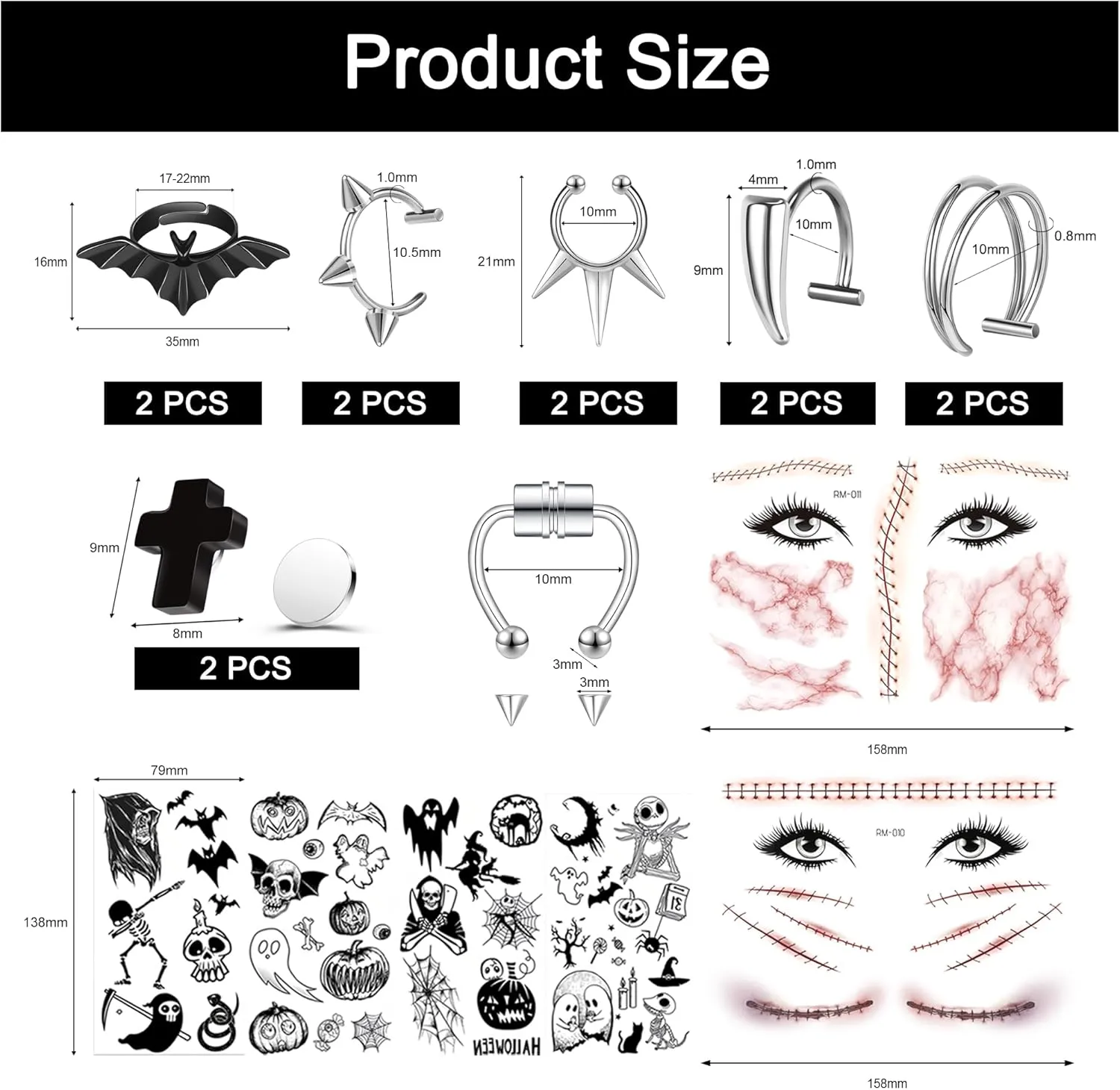 Halloween Fake Eyebrow Rings Nose Lip Labret Studs, Non-Piercing Body Jewelry Fake Skin Piercing Star Heart Fake Lip Labret Studs for Women Men