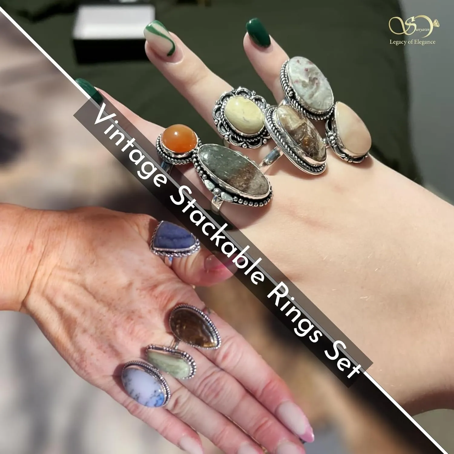 Handmade 10 Pcs Adjustable and Stackable Gemstone Ring Set for Women, Silver Plated Fashion Boho Knuckle Rings, Vintage Gothic Statement Jewelry Gift Pack