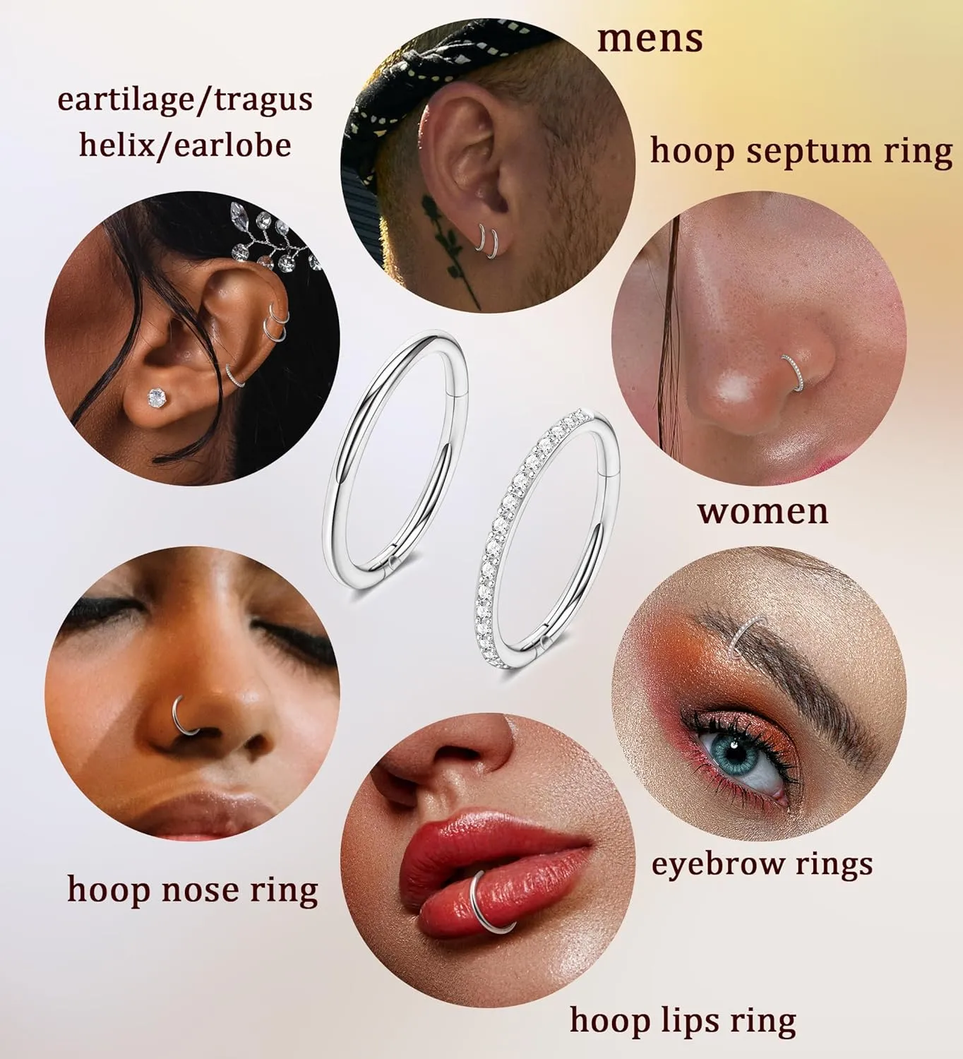 Handmade Hinged Nose Rings for Women & Men  16G/18G/20G 316L Surgical Steel Nose Hoops with CZ for Septum (20G,8mm,Silvery)
