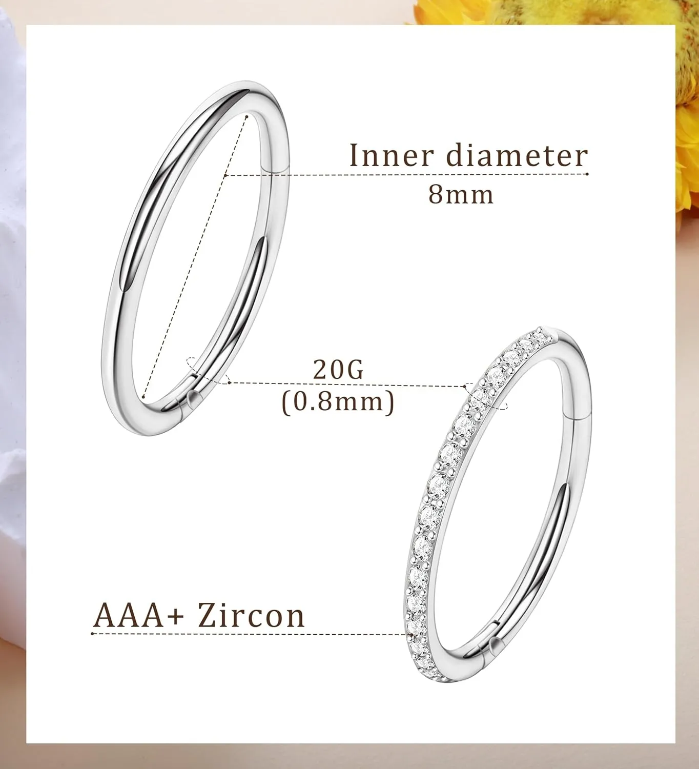 Handmade Hinged Nose Rings for Women & Men  16G/18G/20G 316L Surgical Steel Nose Hoops with CZ for Septum (20G,8mm,Silvery)