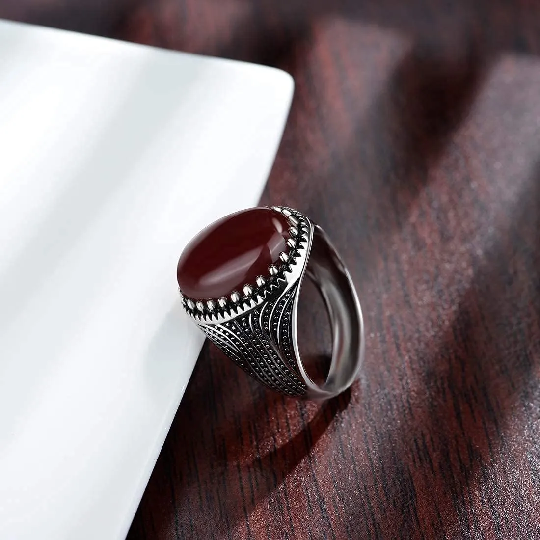 Handmade Turkish Red Onyx Solitaire Oval cut Agate Unisex Cocktail Ring for Men Women