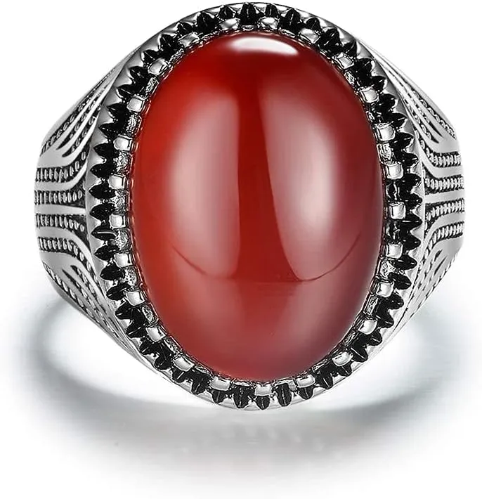 Handmade Turkish Red Onyx Solitaire Oval cut Agate Unisex Cocktail Ring for Men Women