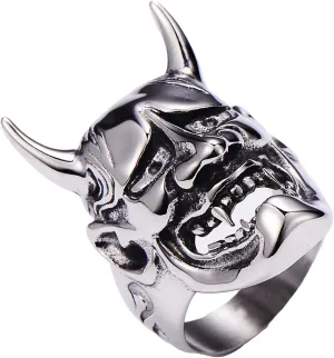 Hannya Mask Skull Rings for men Gothic Vampier Skull Prajna Skeleton 316 Stainless Steel Rings Iced Out Jewelry Punk Ring Cocktail Party Ring Vintage Gothic Devil Demon Skull Style Helloween