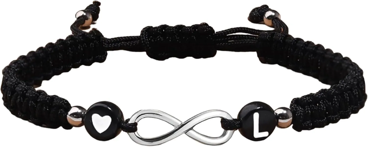 Heart Infinity A-Z Letter Bracelet for Women Adjustable Black Wristlet Gift Love Initial Wristband Birthday Anniversary
