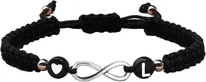 Heart Infinity A-Z Letter Bracelet for Women Adjustable Black Wristlet Gift Love Initial Wristband Birthday Anniversary
