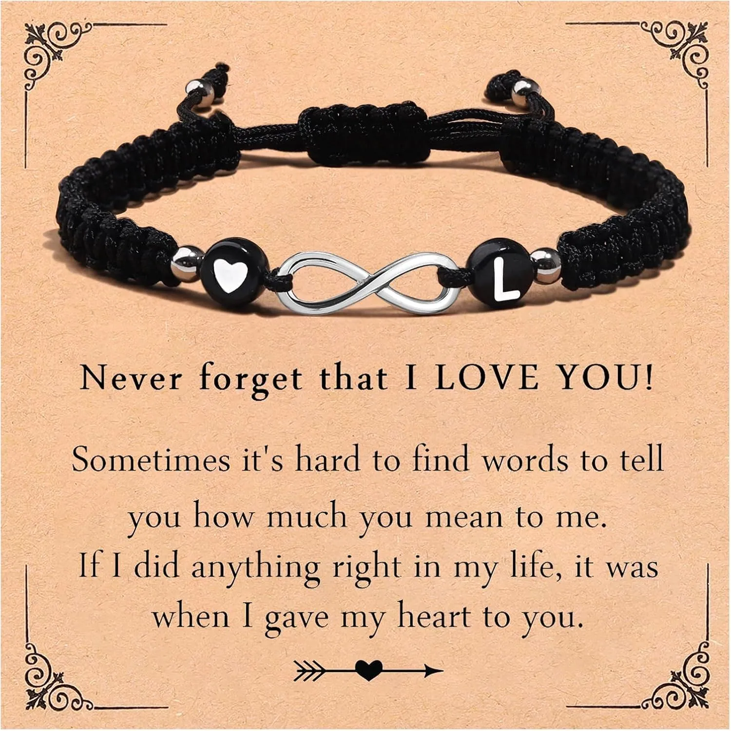 Heart Infinity A-Z Letter Bracelet for Women Adjustable Black Wristlet Gift Love Initial Wristband Birthday Anniversary