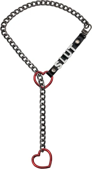 Heart Slip Chain Necklace For Women, Adjustable Long Leather Choker Collar With Rhinestone Letters, Y-Shaped Layered Design