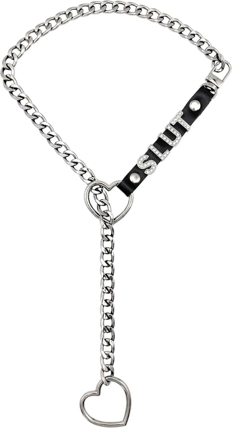 Heart Slip Chain Necklace For Women, Adjustable Long Leather Choker Collar With Rhinestone Letters, Y-Shaped Layered Design