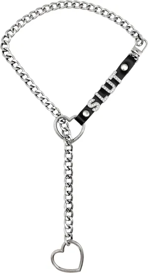 Heart Slip Chain Necklace For Women, Adjustable Long Leather Choker Collar With Rhinestone Letters, Y-Shaped Layered Design