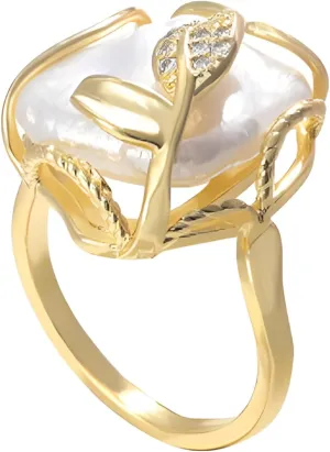 HETICA Irregular Baroque Pearl Leaf Shape Rhinestone Stacking Ring, Gold Vintage Adjustable Statement Ring - Fashion Jewelry Gift for Women