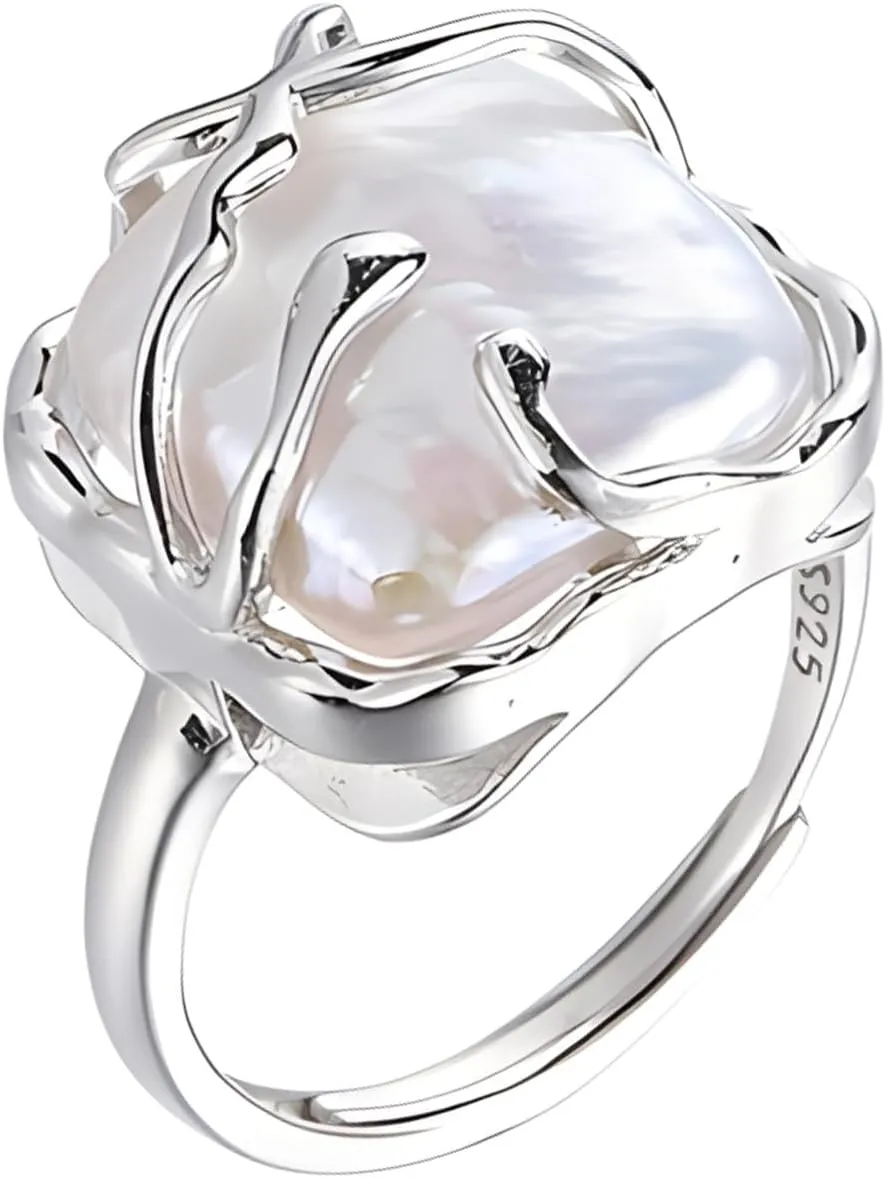 HETICA Irregular Pearl Ladies Silver Ring, Baroque Pearl Ring 925 Sterling Silver Ring, Fashion Statement Ring Suitable for Woman Daily Birthday Anniversary Valentine's Day Gift