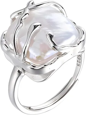 HETICA Irregular Pearl Ladies Silver Ring, Baroque Pearl Ring 925 Sterling Silver Ring, Fashion Statement Ring Suitable for Woman Daily Birthday Anniversary Valentine's Day Gift