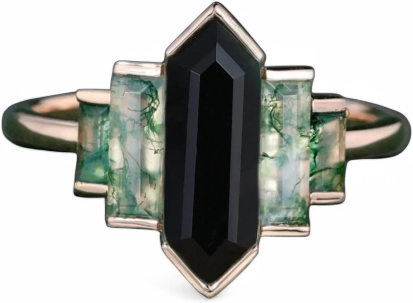 Hexagon cut black onyx engagement ring 9k rose gold wedding rings green moos agate baguette cluster ring Vintage Bridal promise Anniversary Jewelry Birthday Gift For Her