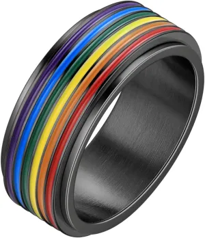 Hipunk Rainbow LGBT Pride Ring - Stainless Steel Enamel Lesbian Gay Bisexual LGBTQ Pride Month Wedding Engagement Band Rotatable Unisex Colorful CZ Couples Eternity Ring Men Women