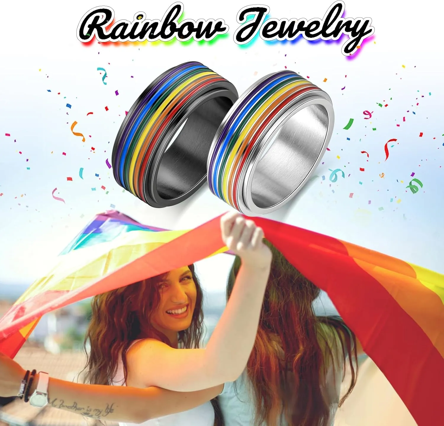 Hipunk Rainbow LGBT Pride Ring - Stainless Steel Enamel Lesbian Gay Bisexual LGBTQ Pride Month Wedding Engagement Band Rotatable Unisex Colorful CZ Couples Eternity Ring Men Women