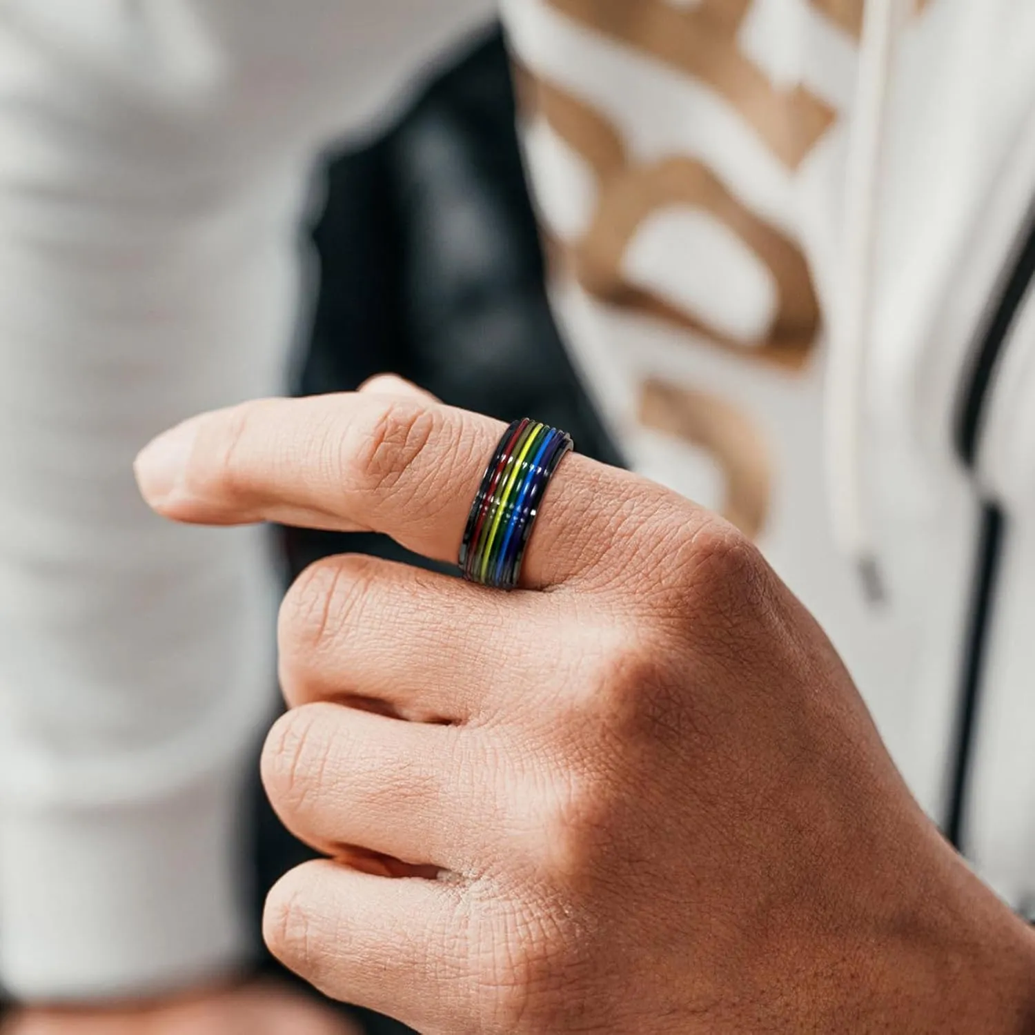 Hipunk Rainbow LGBT Pride Ring - Stainless Steel Enamel Lesbian Gay Bisexual LGBTQ Pride Month Wedding Engagement Band Rotatable Unisex Colorful CZ Couples Eternity Ring Men Women