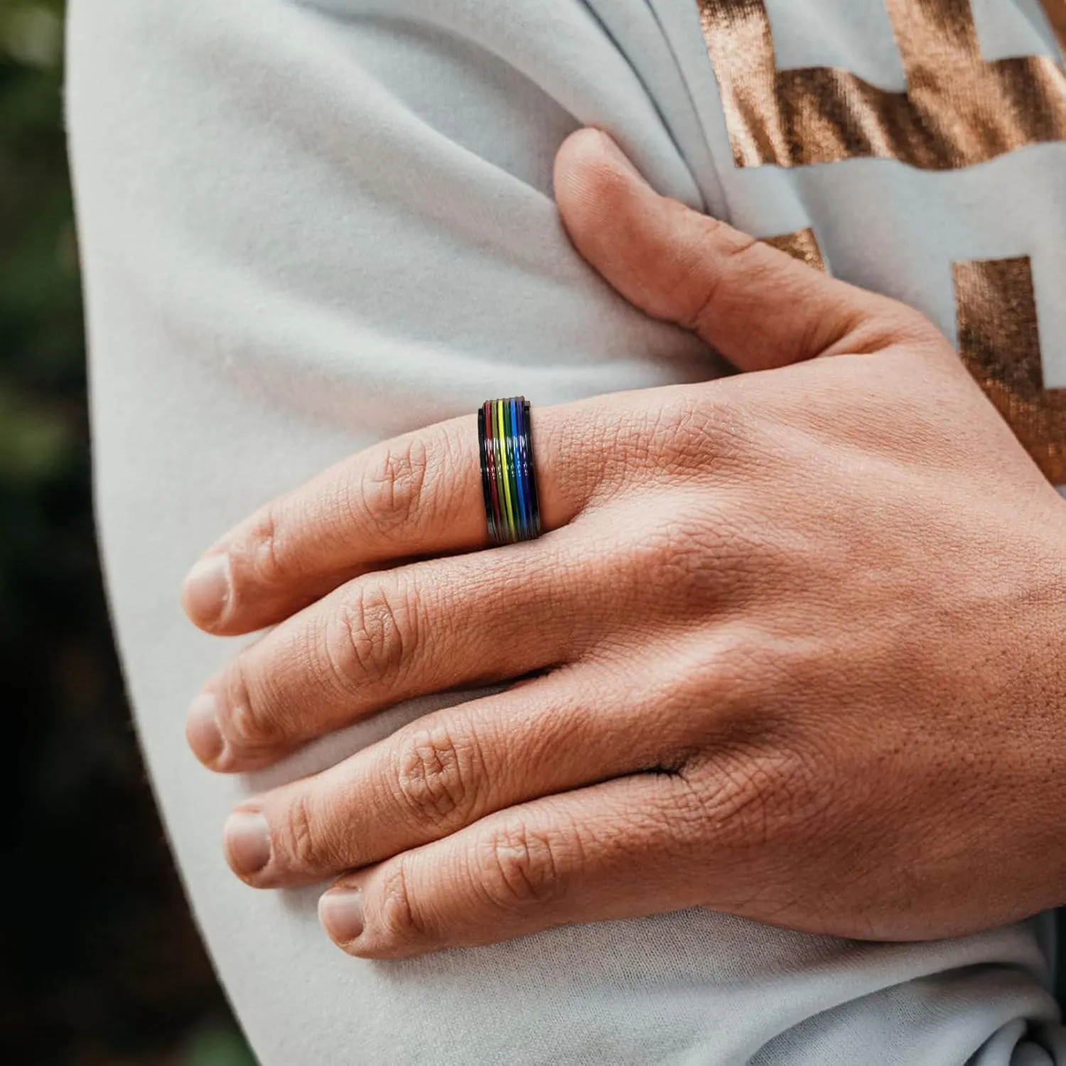 Hipunk Rainbow LGBT Pride Ring - Stainless Steel Enamel Lesbian Gay Bisexual LGBTQ Pride Month Wedding Engagement Band Rotatable Unisex Colorful CZ Couples Eternity Ring Men Women