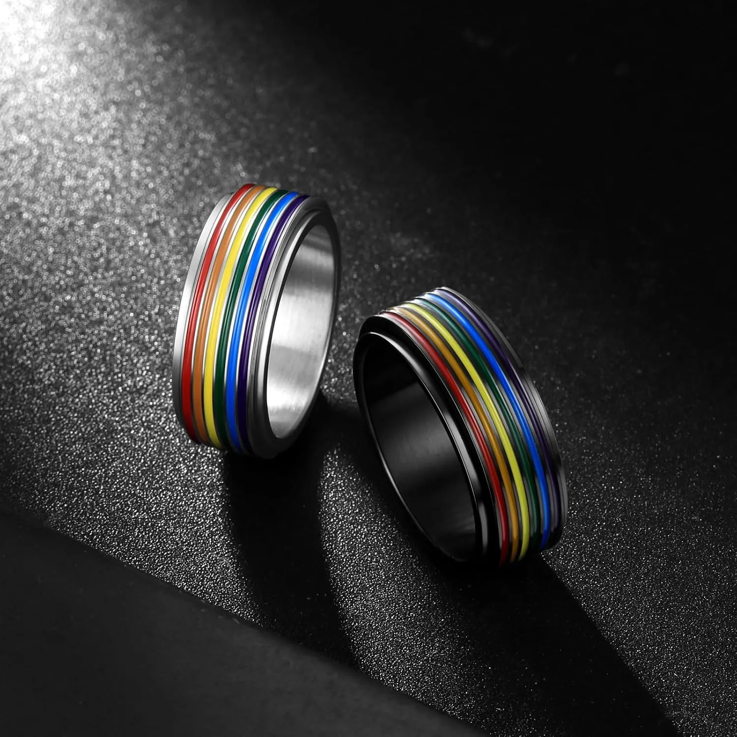 Hipunk Rainbow LGBT Pride Ring - Stainless Steel Enamel Lesbian Gay Bisexual LGBTQ Pride Month Wedding Engagement Band Rotatable Unisex Colorful CZ Couples Eternity Ring Men Women