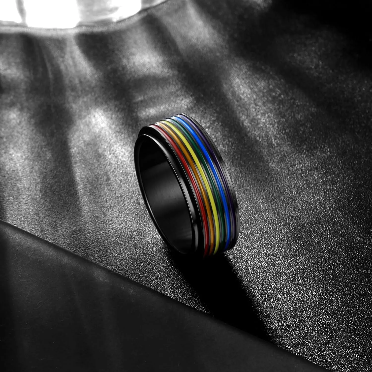 Hipunk Rainbow LGBT Pride Ring - Stainless Steel Enamel Lesbian Gay Bisexual LGBTQ Pride Month Wedding Engagement Band Rotatable Unisex Colorful CZ Couples Eternity Ring Men Women