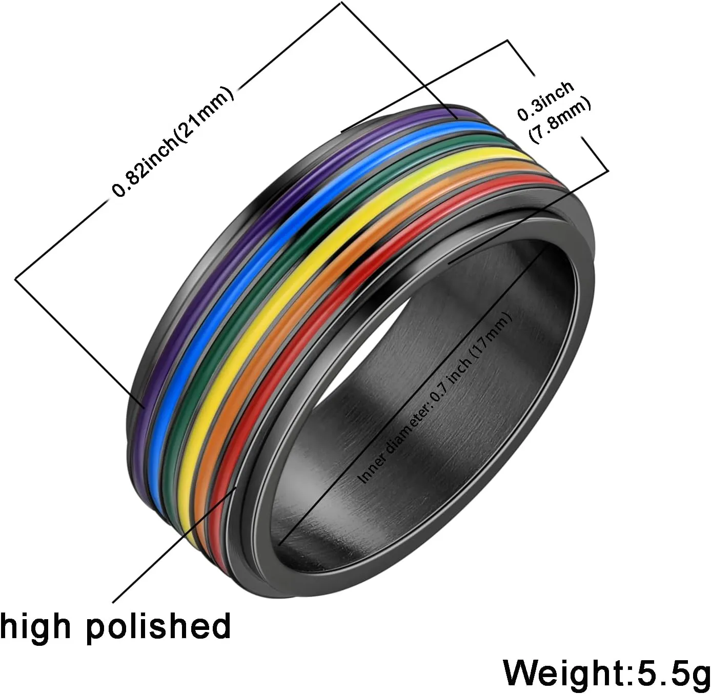 Hipunk Rainbow LGBT Pride Ring - Stainless Steel Enamel Lesbian Gay Bisexual LGBTQ Pride Month Wedding Engagement Band Rotatable Unisex Colorful CZ Couples Eternity Ring Men Women