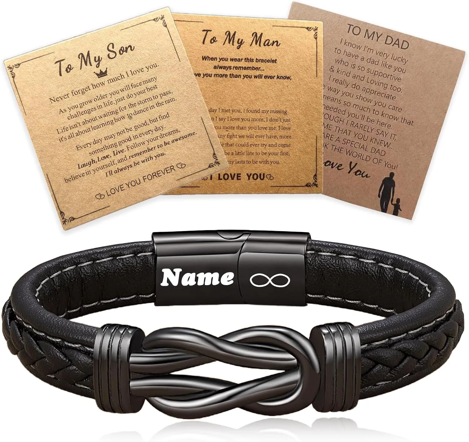 HJX Personalized Infinity Knot Leather Bracelet for Man Custom Engraved Name Leather Bracelet,To My Son/Man/Dad Bracelet Gift