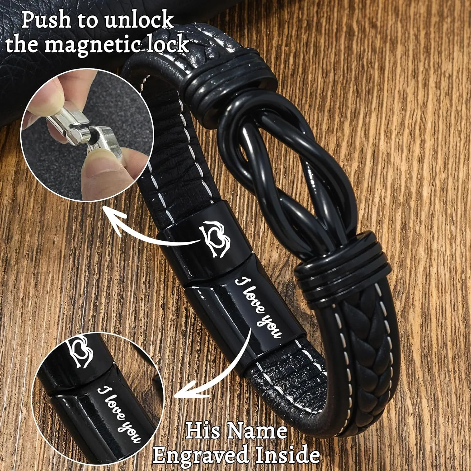 HJX Personalized Infinity Knot Leather Bracelet for Man Custom Engraved Name Leather Bracelet,To My Son/Man/Dad Bracelet Gift