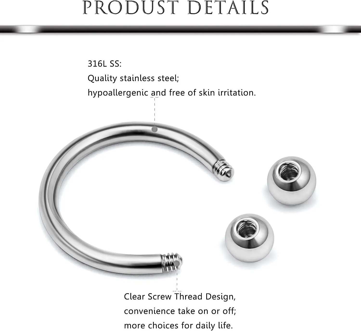 Hoeudjo 18PCS 16G Surgical Steel Lip Hoop Ring Crystal Cubic Daith Earring Spiral Horseshoe Barbell Tragus Cartilage Earring Helix Septum Hoop Body Piercing Jewelry for Women Men 8-10mm