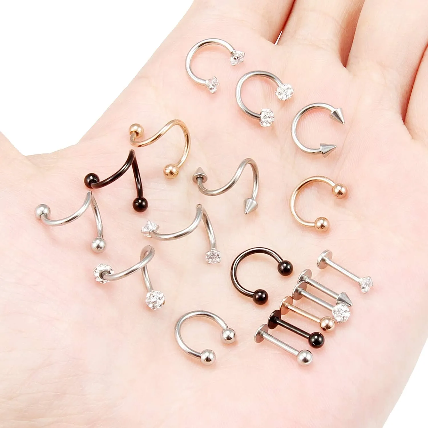 Hoeudjo 18PCS 16G Surgical Steel Lip Hoop Ring Crystal Cubic Daith Earring Spiral Horseshoe Barbell Tragus Cartilage Earring Helix Septum Hoop Body Piercing Jewelry for Women Men 8-10mm