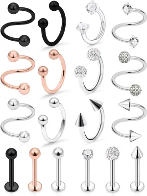 Hoeudjo 18PCS 16G Surgical Steel Lip Hoop Ring Crystal Cubic Daith Earring Spiral Horseshoe Barbell Tragus Cartilage Earring Helix Septum Hoop Body Piercing Jewelry for Women Men 8-10mm