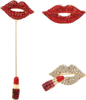 Honbay 3PCS Sparkling Alloy Rhinestone Red Lips Lipstick Brooch Shining Crystal Mouth Brooch Pins