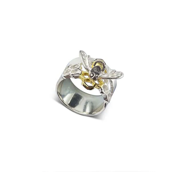 Honeycomb & Honeybee Wide Band Ring By Paula Bolton