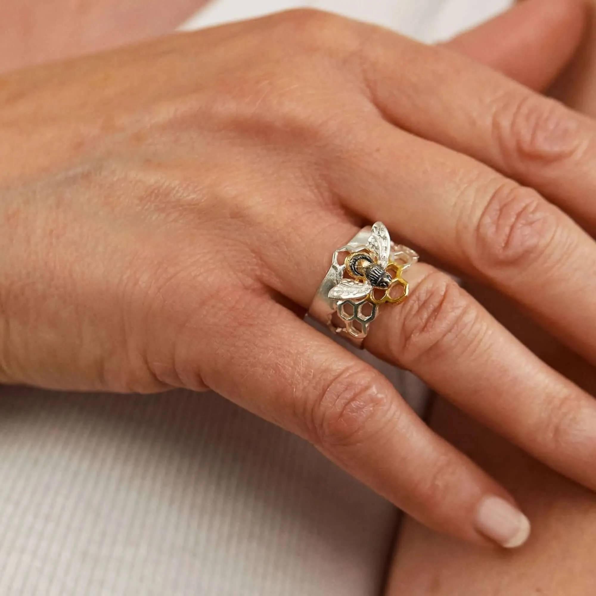 Honeycomb & Honeybee Wide Band Ring By Paula Bolton