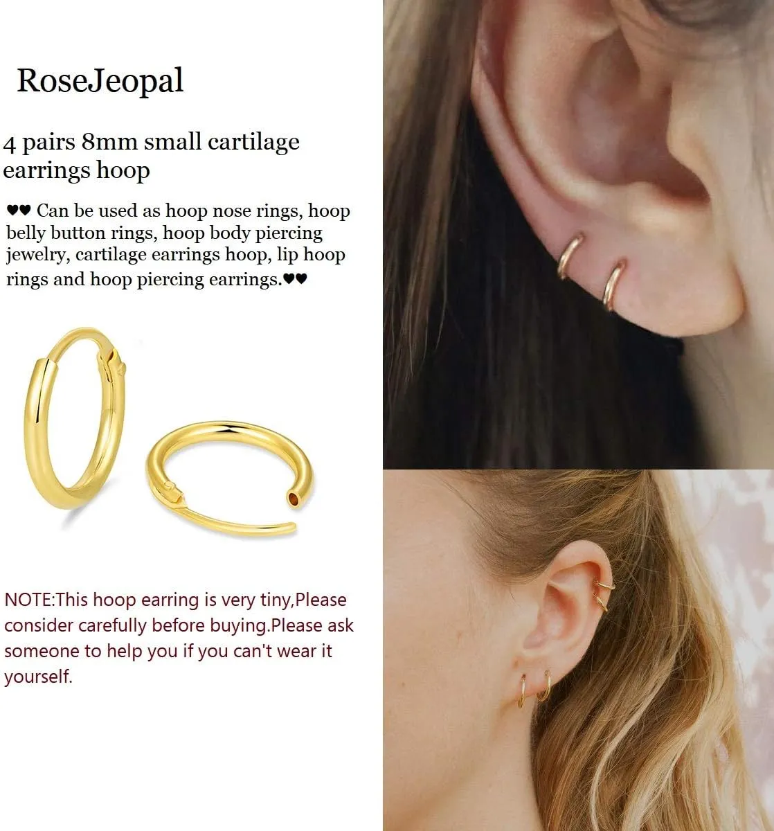 Hoop Earring 14K White Gold Plated S925 Sterling Silver Endless Small Hoop Earring Set for Cartilage Nose Lip Rings 8mm-16mm