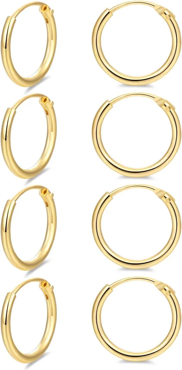 Hoop Earring 14K White Gold Plated S925 Sterling Silver Endless Small Hoop Earring Set for Cartilage Nose Lip Rings 8mm-16mm