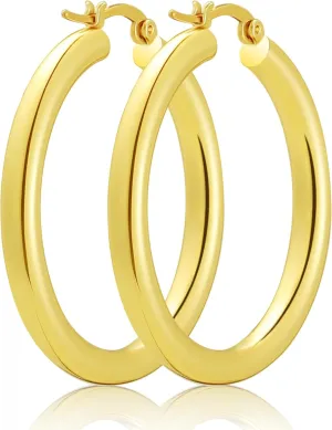Hoop Earrings for Women, 18K Gold Plated Hoops Earrings, Hypoallergenic Lightweight Comfort Hollow Tube Hoops with Secure Push Lock, Chunky and Sleek Gold Hoops Large Earrings 40MM