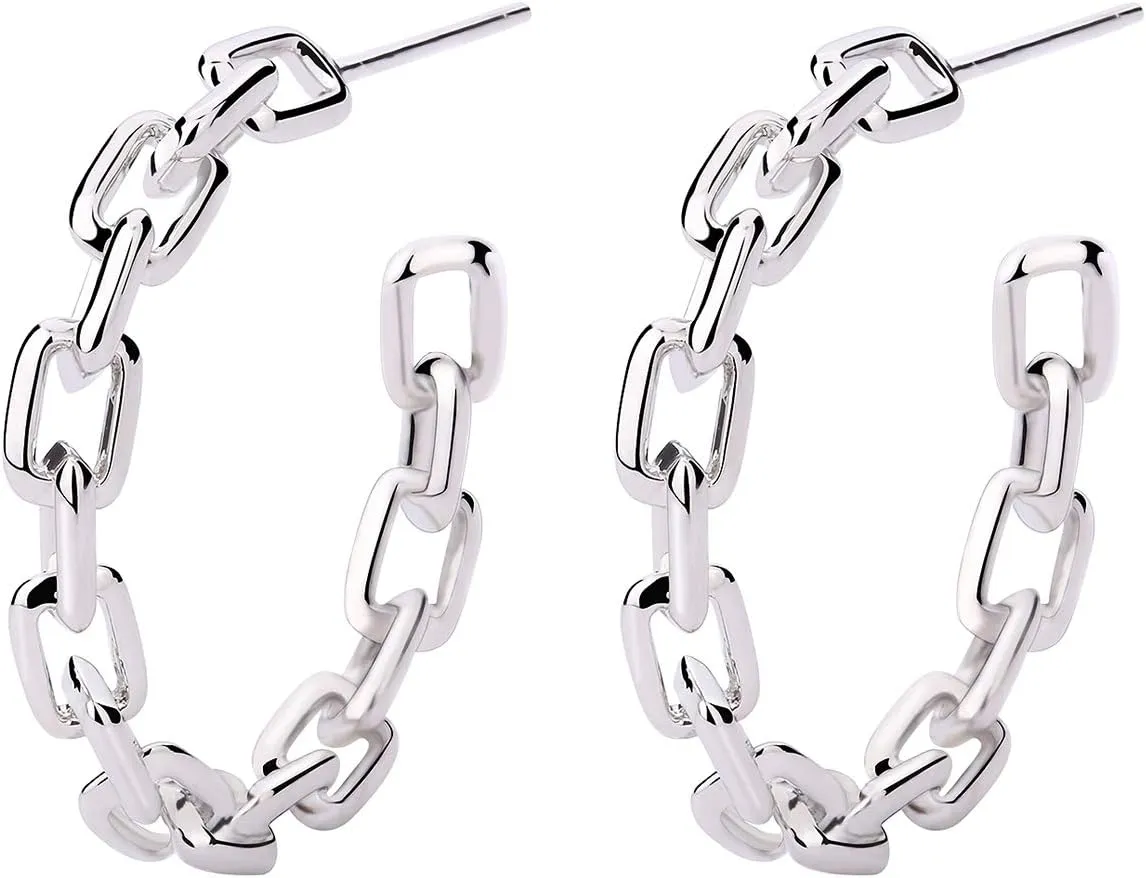 Hoop Earrings for Women - Chain Hoop Earrings Gold/White Gold - Link Hoop Stud Earrings