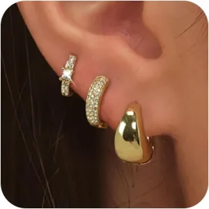 Hoop Earrings Set for Women,14K Gold/Silver Plated Huggie Earrings Trendy Chunky Gold Earrings Lightweight Small Gold Hoop Earrings CZ Stackable Earrings Jewelry
