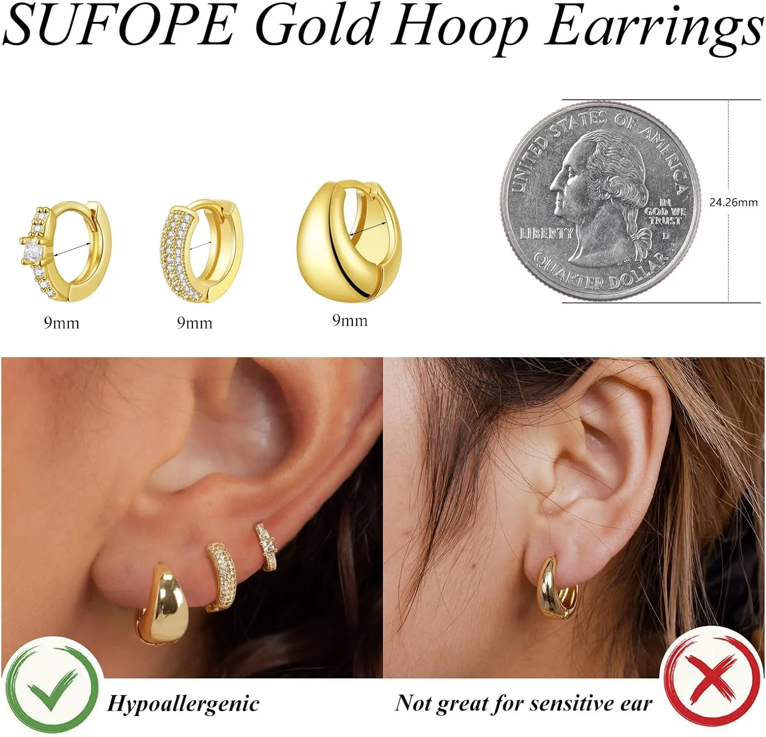 Hoop Earrings Set for Women,14K Gold/Silver Plated Huggie Earrings Trendy Chunky Gold Earrings Lightweight Small Gold Hoop Earrings CZ Stackable Earrings Jewelry