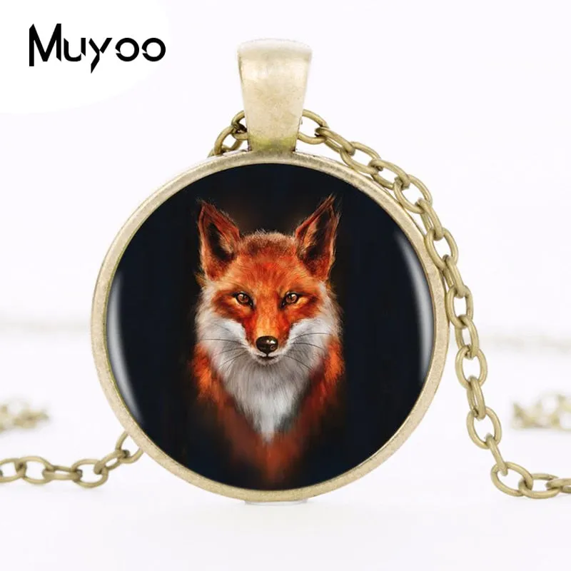 Hot Sale Fox Logo Pendant Necklace Handmade Resin Vintage Cabochon Tibetan Round  Chain Pendant Necklace Women Jewelry HZ1