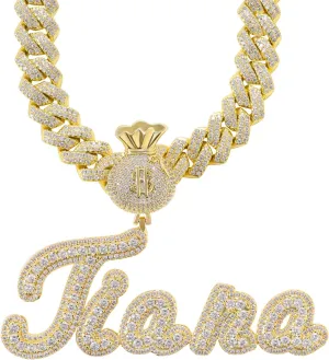 Iced Out Custom Name Necklace Personalized with Cuban Link Chain for Men and Women, Hip Hop 14k Real Gold Plated Initial Letter Pendant Necklaces, Handmade Customized Nameplate Jewelry for Rappers