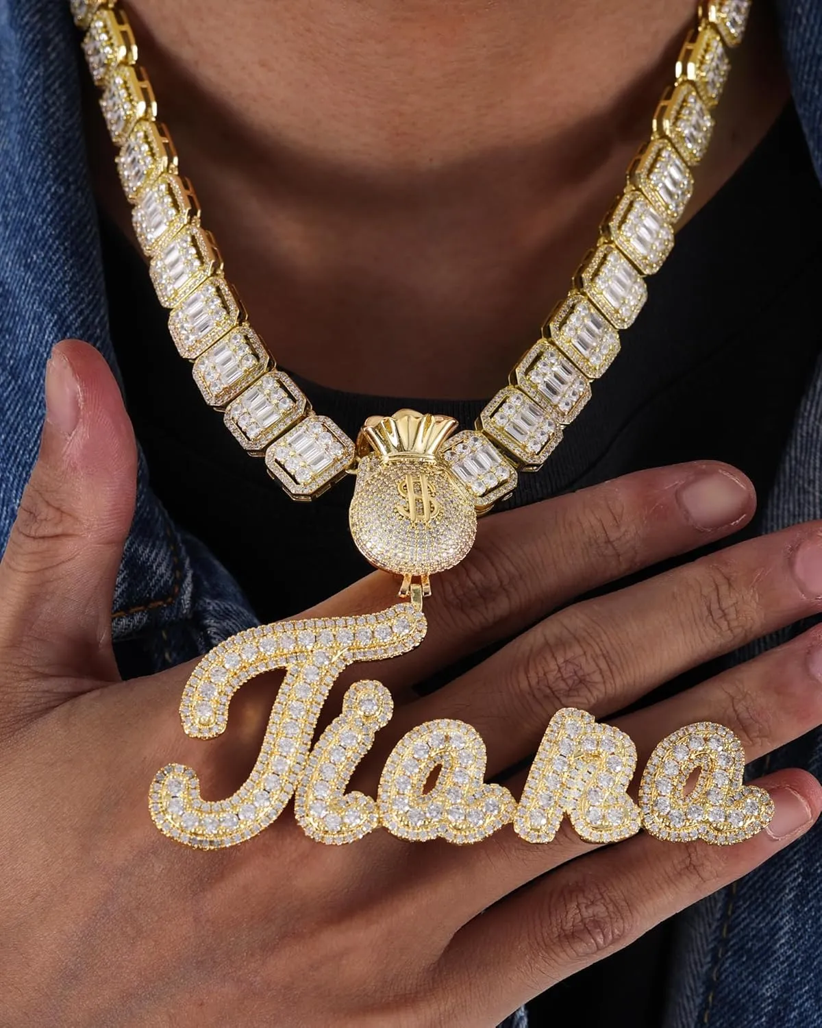 Iced Out Custom Name Necklace Personalized with Cuban Link Chain for Men and Women, Hip Hop 14k Real Gold Plated Initial Letter Pendant Necklaces, Handmade Customized Nameplate Jewelry for Rappers
