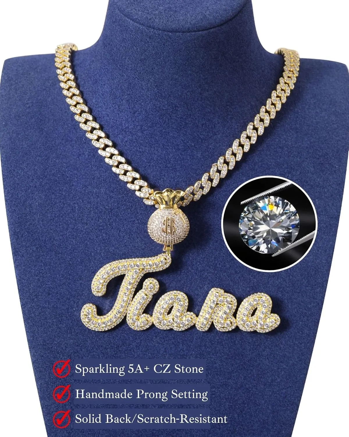 Iced Out Custom Name Necklace Personalized with Cuban Link Chain for Men and Women, Hip Hop 14k Real Gold Plated Initial Letter Pendant Necklaces, Handmade Customized Nameplate Jewelry for Rappers