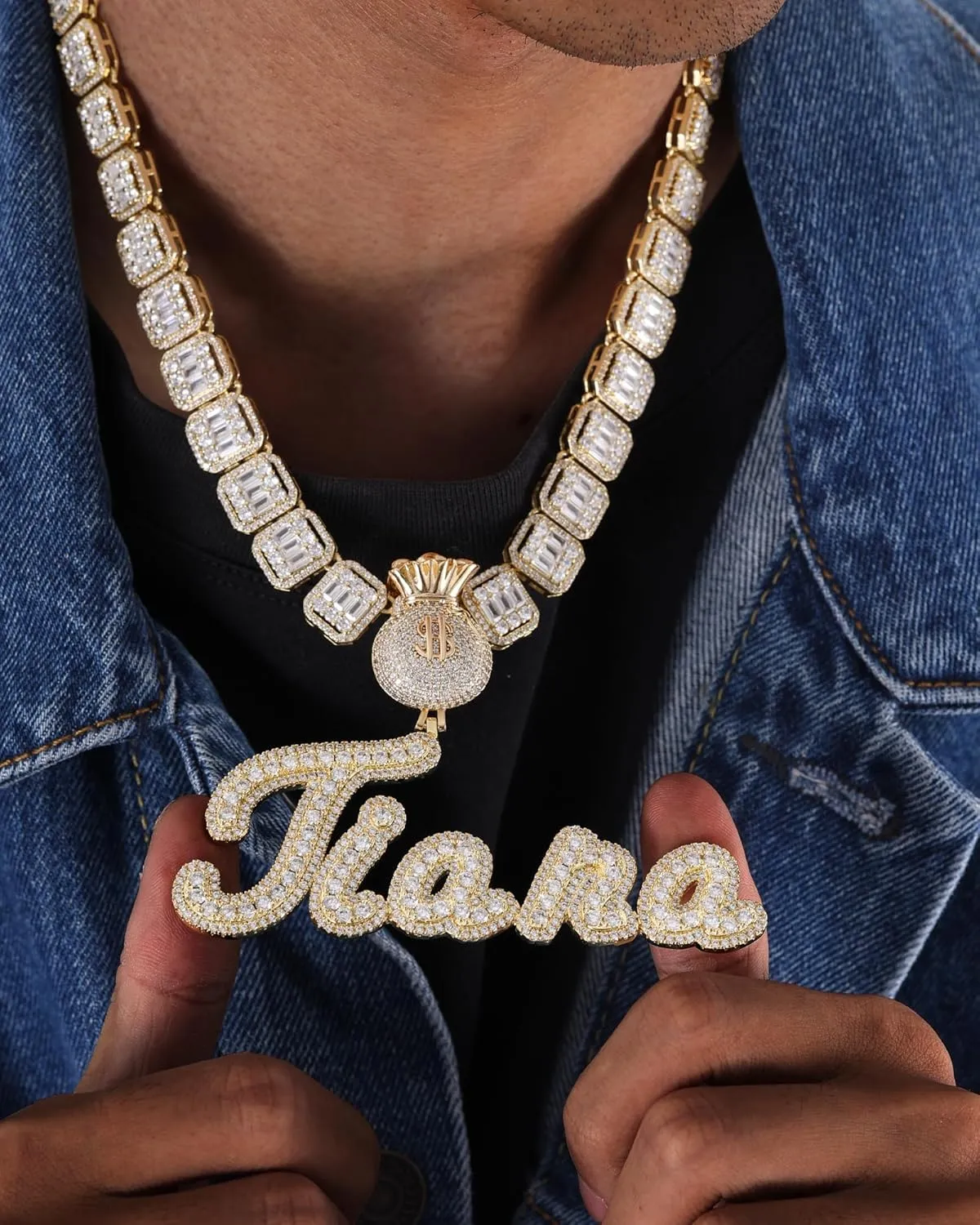 Iced Out Custom Name Necklace Personalized with Cuban Link Chain for Men and Women, Hip Hop 14k Real Gold Plated Initial Letter Pendant Necklaces, Handmade Customized Nameplate Jewelry for Rappers