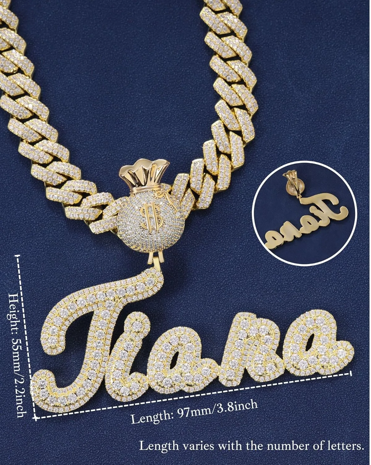 Iced Out Custom Name Necklace Personalized with Cuban Link Chain for Men and Women, Hip Hop 14k Real Gold Plated Initial Letter Pendant Necklaces, Handmade Customized Nameplate Jewelry for Rappers