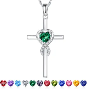 Iefil Cross Necklace for Women - 925 Sterling Silver Birthstone Necklace Jewelry Gifts for Women Wife