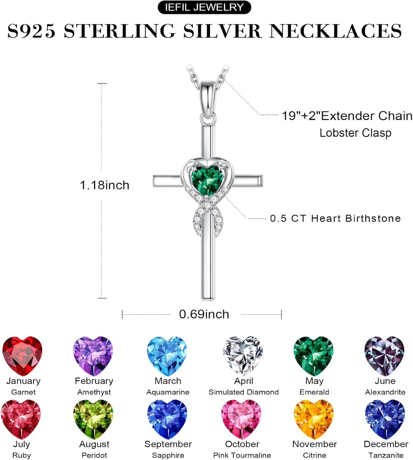 Iefil Cross Necklace for Women - 925 Sterling Silver Birthstone Necklace Jewelry Gifts for Women Wife