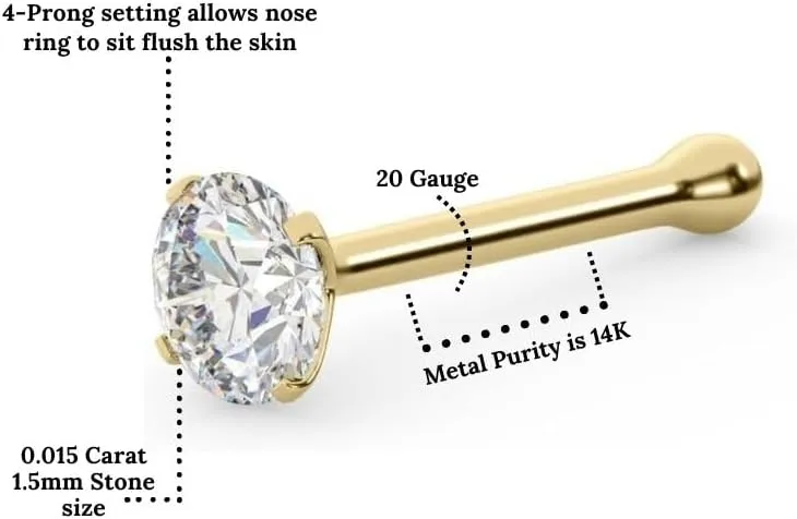 IGI Certified 14K Gold Diamond Nose Studs for Women Men | 20 Gauge Ball Diamond Nose Rings | 1.5mm, 1.7mm, 2mm Nose Piercing Studs | Body Piercing Jewelry in I-J Color, I2-I3 Clarity